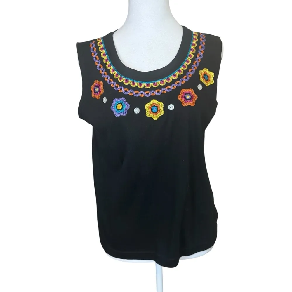 Lisa International Black Embroidered Jersey Knit Cardigan Tank Top Set Large - Image 2