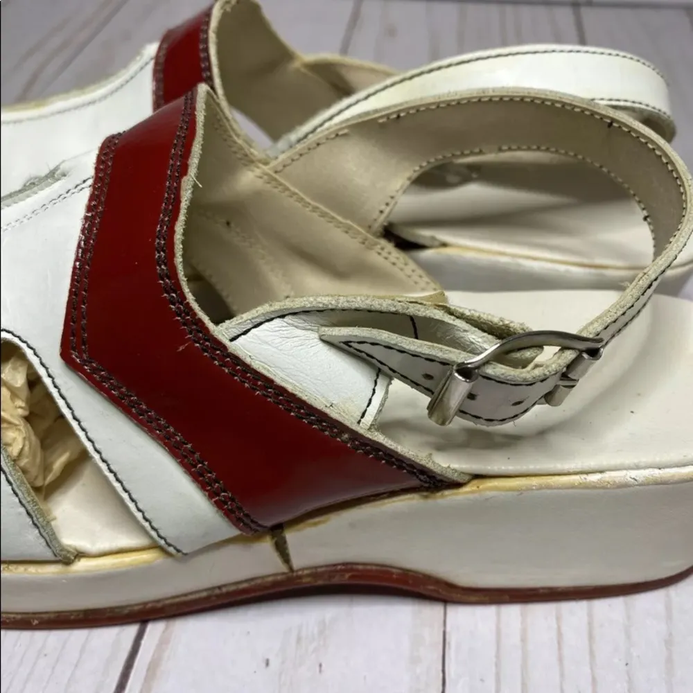 Vintage 60's Leather Clog Shoes Mules sz 35 5 wedge heel White Red costume - Image 7