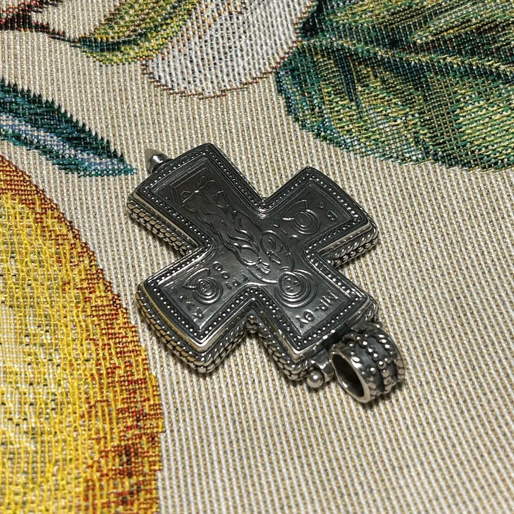 Konstantino Greece Sterling Silver 925 Etched Mother of God Cross Pendant - Image 11