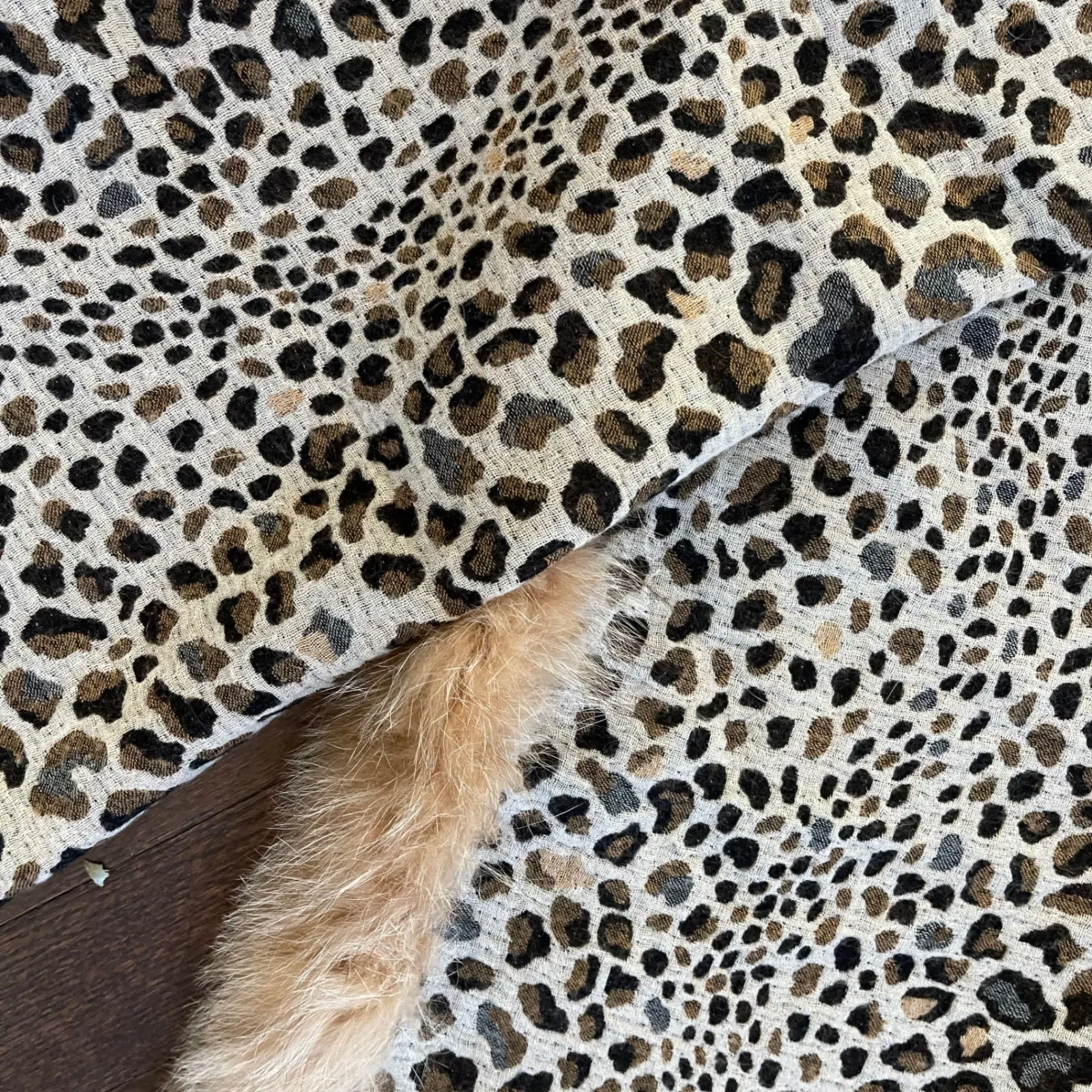 Luxury Leopard Print Wool Scarf with Faux Fur Trim Elegant Warm Accessory Brown - Image 3