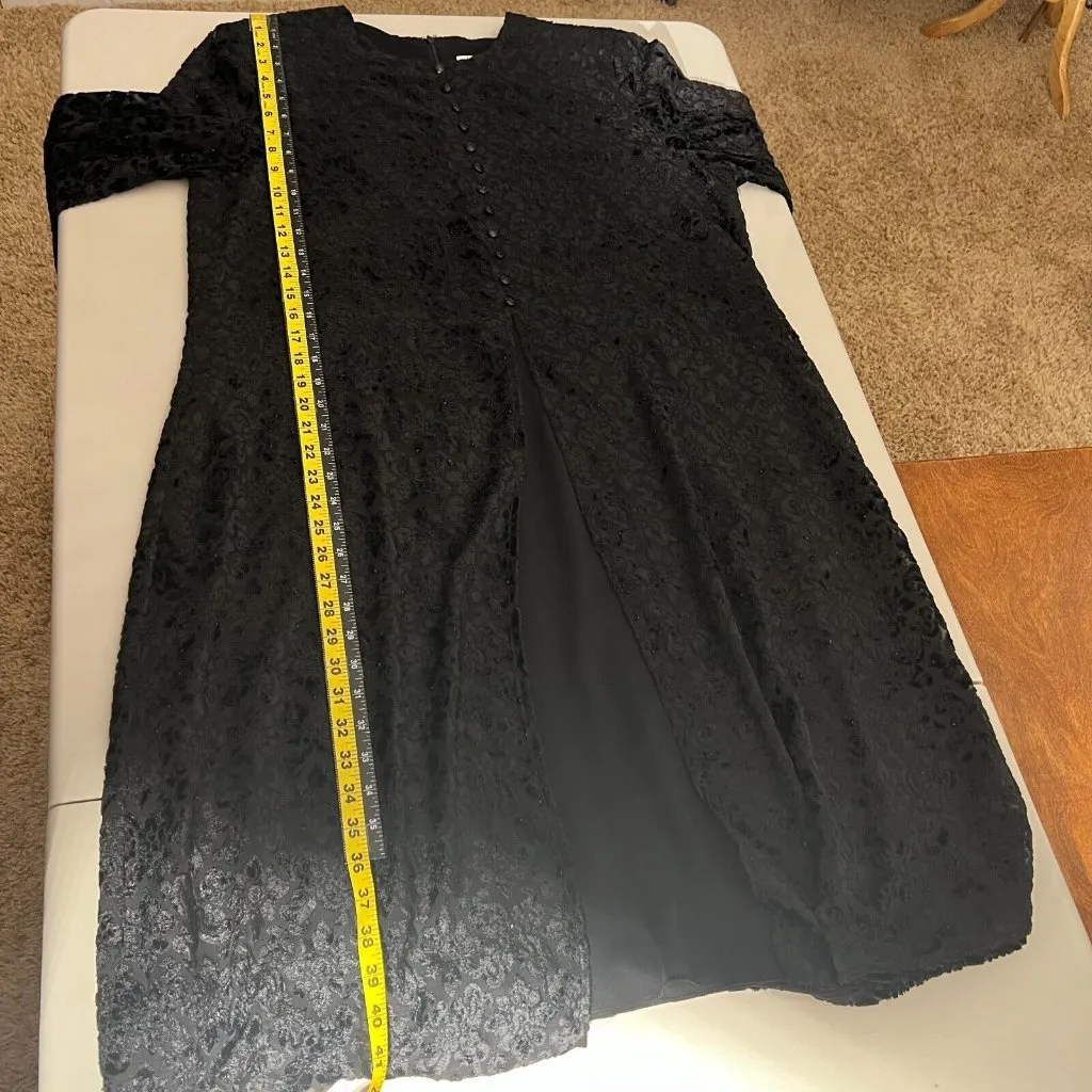 Badgley Mischka Dress 16 Black Velvet Burnout Beaded Floral‎ Long Sleeve Tunic - Image 3