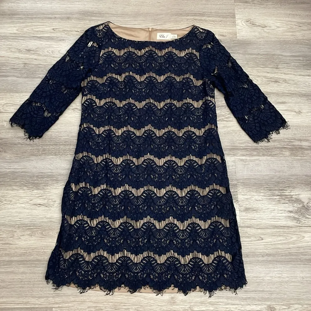 Navy Blue Lace Overlay 3/4 Sleeve Knee Length Cocktail Dress Size 14 - Image 5