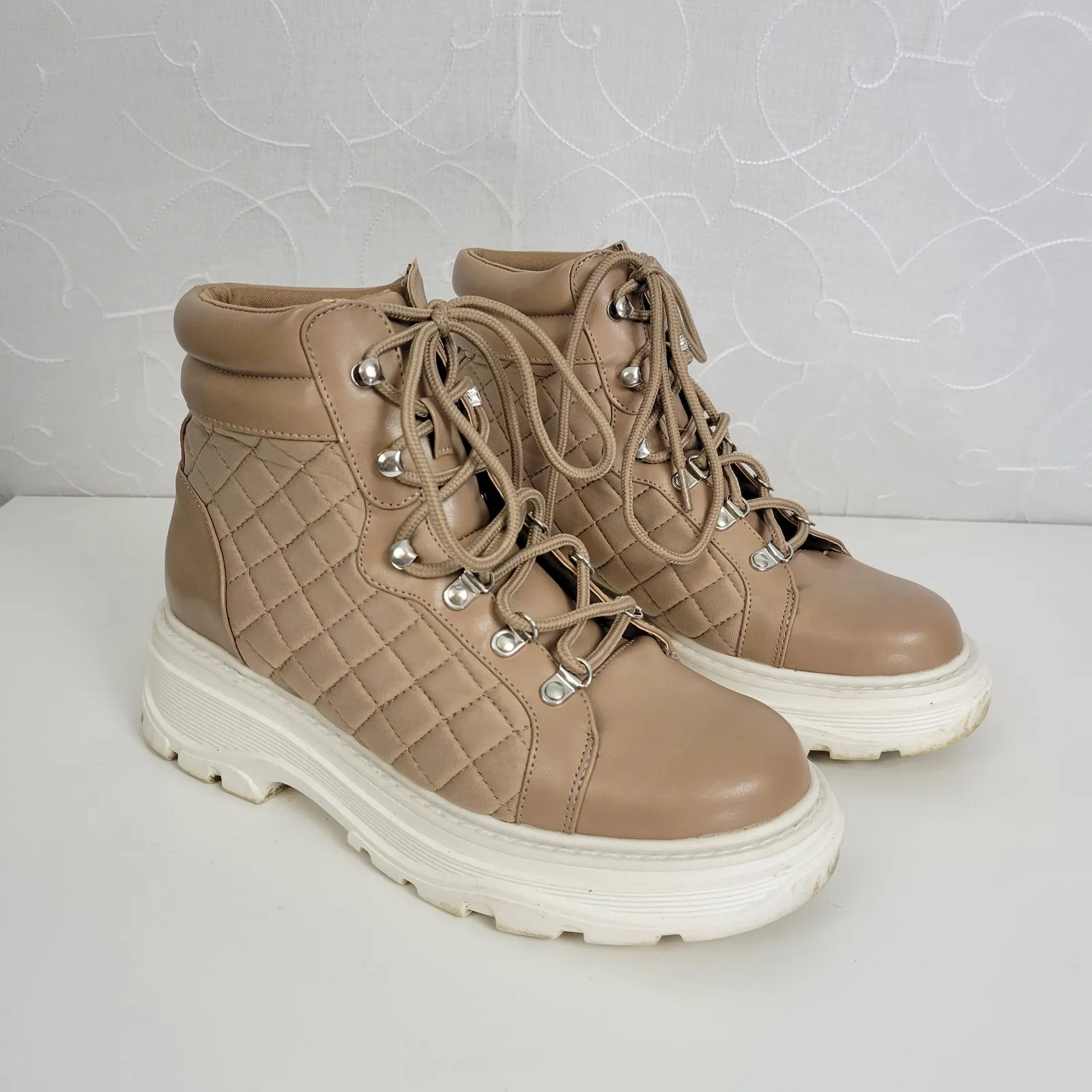 Jane Quilted Just Fab Womens Boots Sz 7‎ Brown Ankle Cut Lace - Image 2