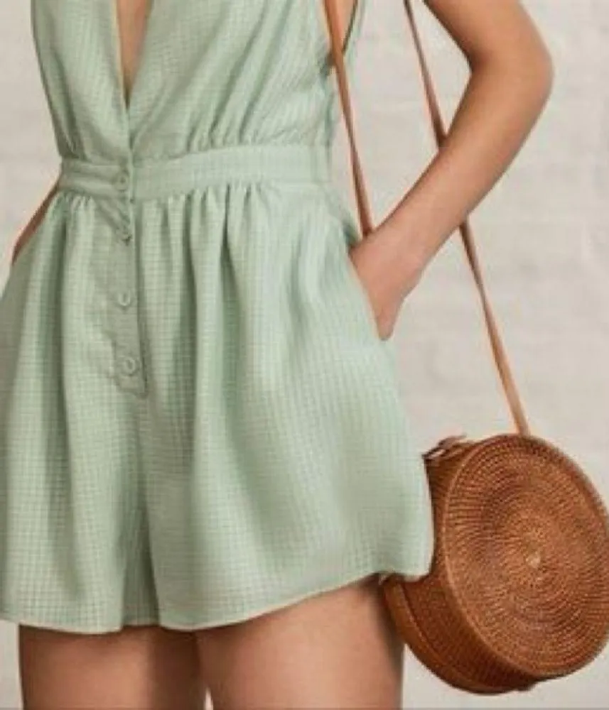 Urban Outfitters Mint Plaid Chiffon Plunging Button-Down Romper - Image 13