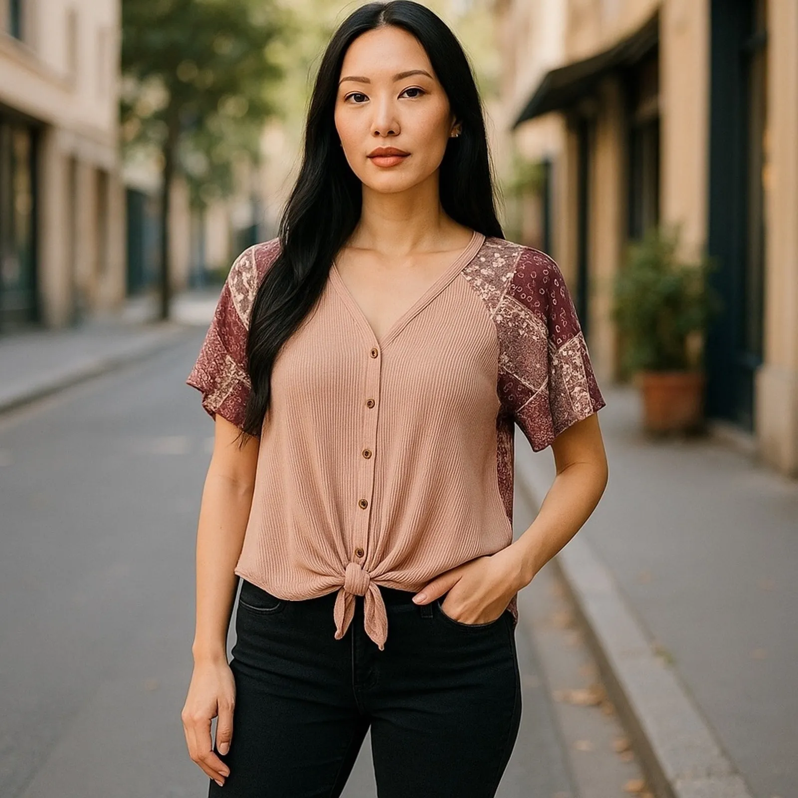 Altar’d State Waffle Knit Tie Front Blouse Size Small | Patchwork Paisley Boho - Image 14