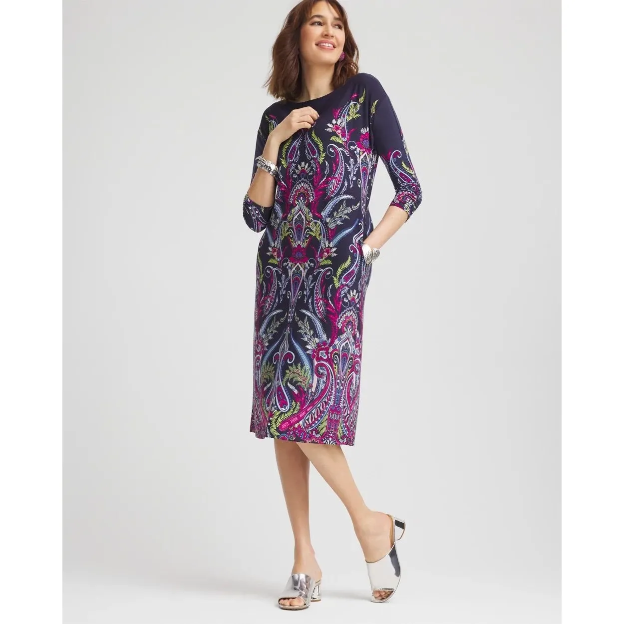 Chicos Ruched Sleeve Midi Dress Size 2 Large Multi Paisley Floral Stretch Office - Image 7