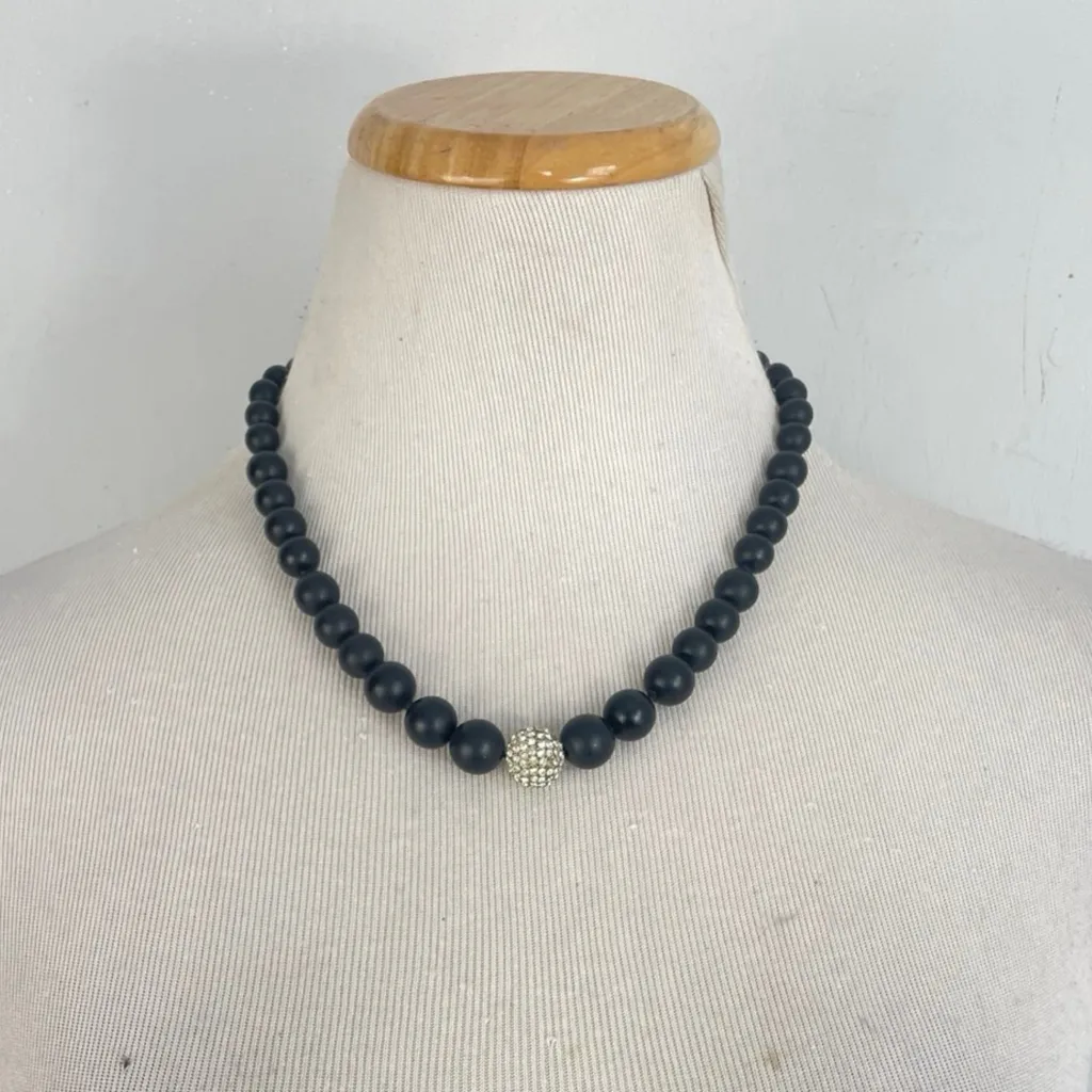 Vintage Crystal Rhinestone & Black Resin Bead Necklace 90s Chunky Beaded Strand - Image 4