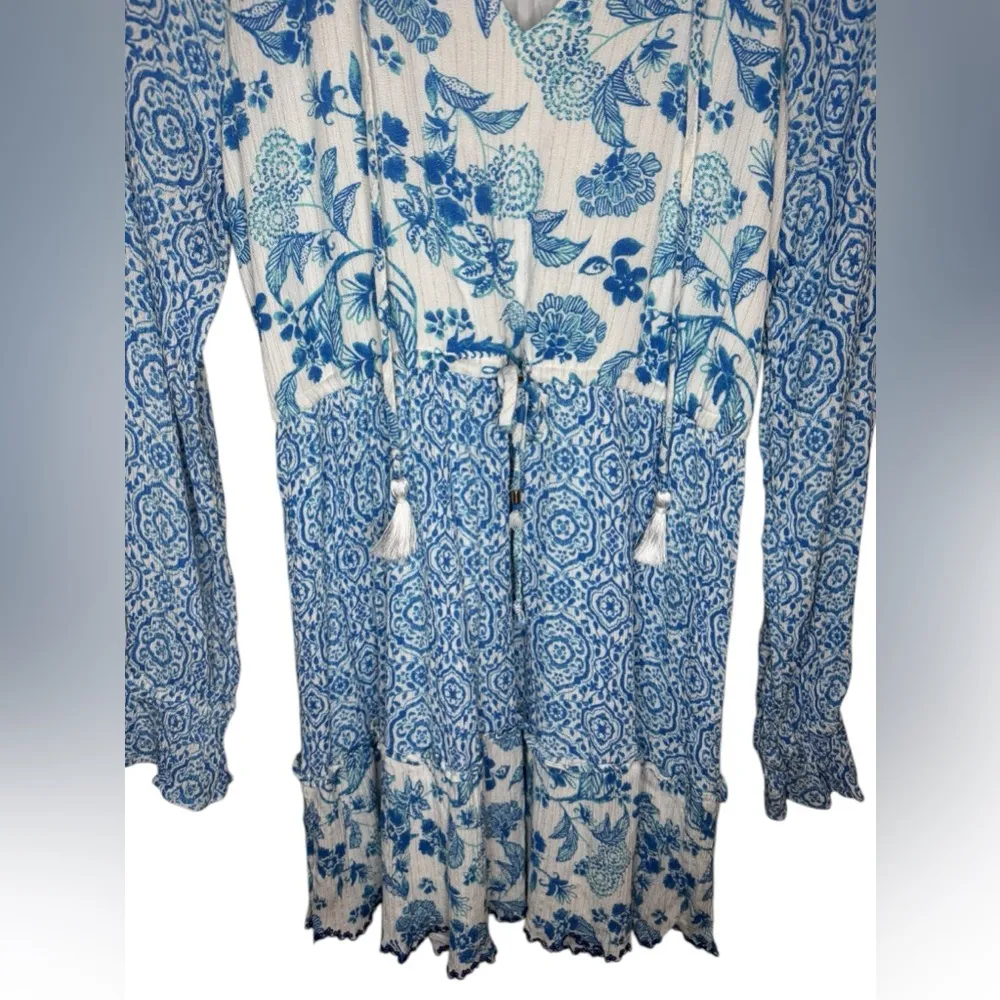 House Of Harlow 1960 Long Sleeve Tassel Mini Dress Size M Blue Floral Size M - Image 3