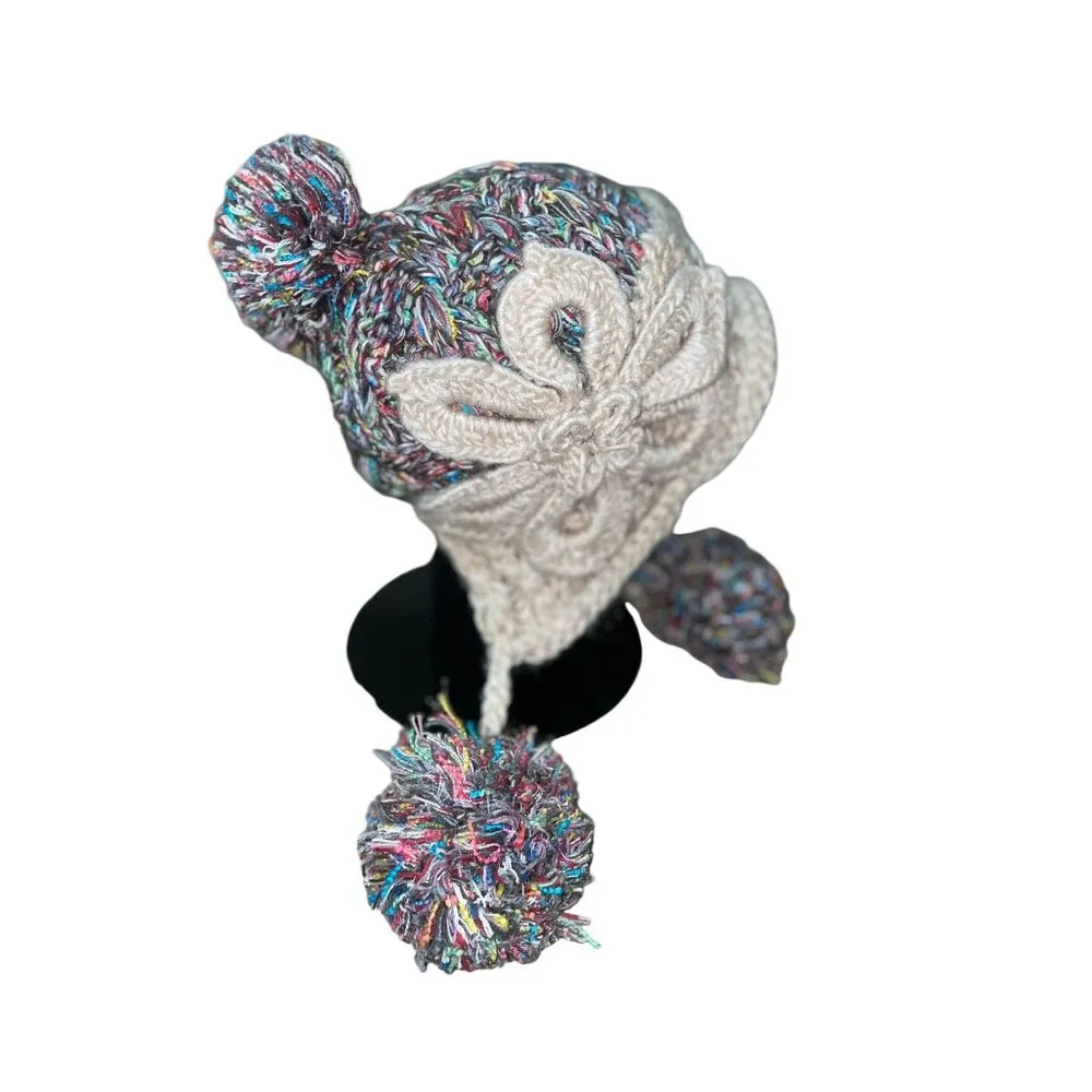 Cute Winter Beanie Pom Pom Tie Used Womens One Size - Image 5