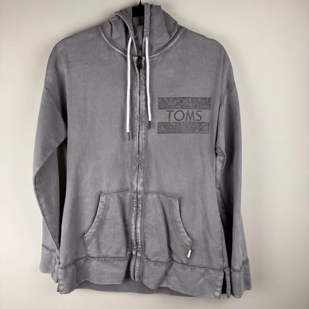 TOMS Women's Large ZIP-UP‎ HOODIE Gray 100% Cotton Longer Length - Image 12