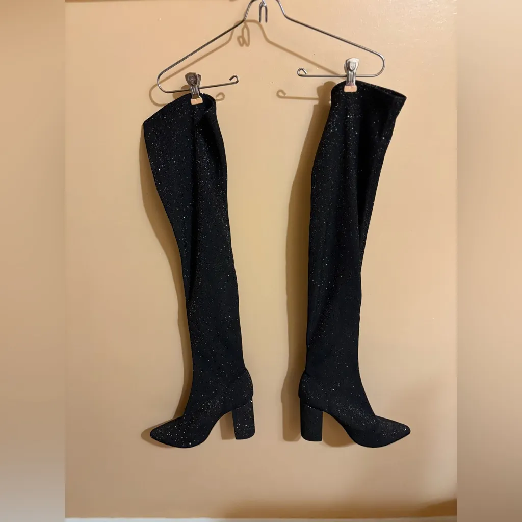 Raye x Revolve Farley Over the Knee Black Sparkly Boots - Image 2