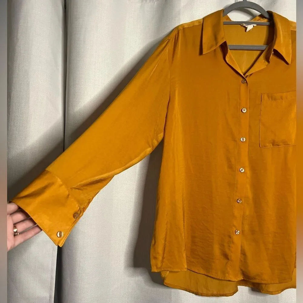 Open Edit Mustard Yellow Satin Button Up Blouse Medium - Image 5