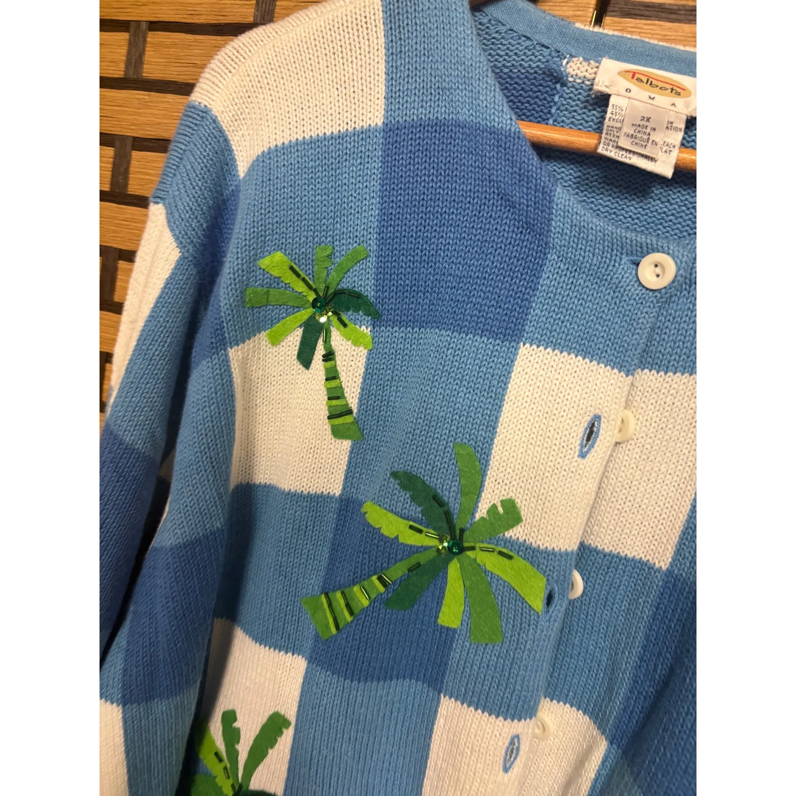 Talbots Blue White Checkered Palm Tree Embroidered Button Front Cardigan Size 2X - Image 4