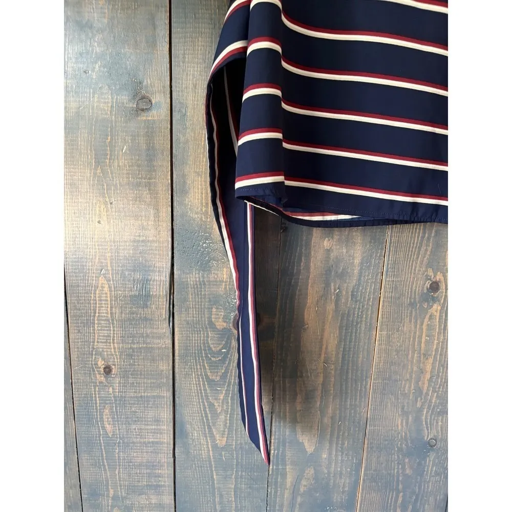Striped Tie Waist Blouse‎ Top, Short Sleeve, Navy Blue, Red, White - Image 4