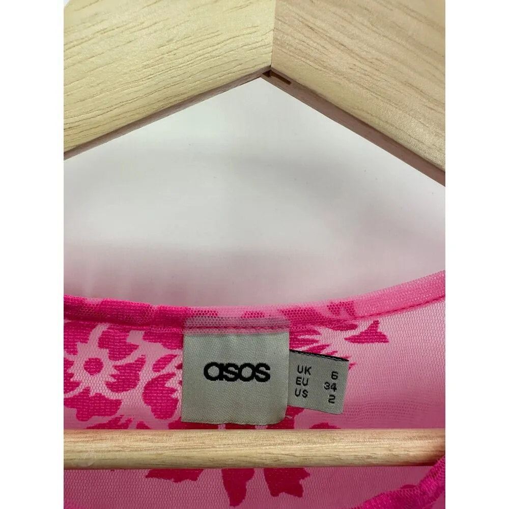ASOS Pink Sheer Floral Short Sleeve Crew Neck Babydoll Top Women's Size 2 - Image 5