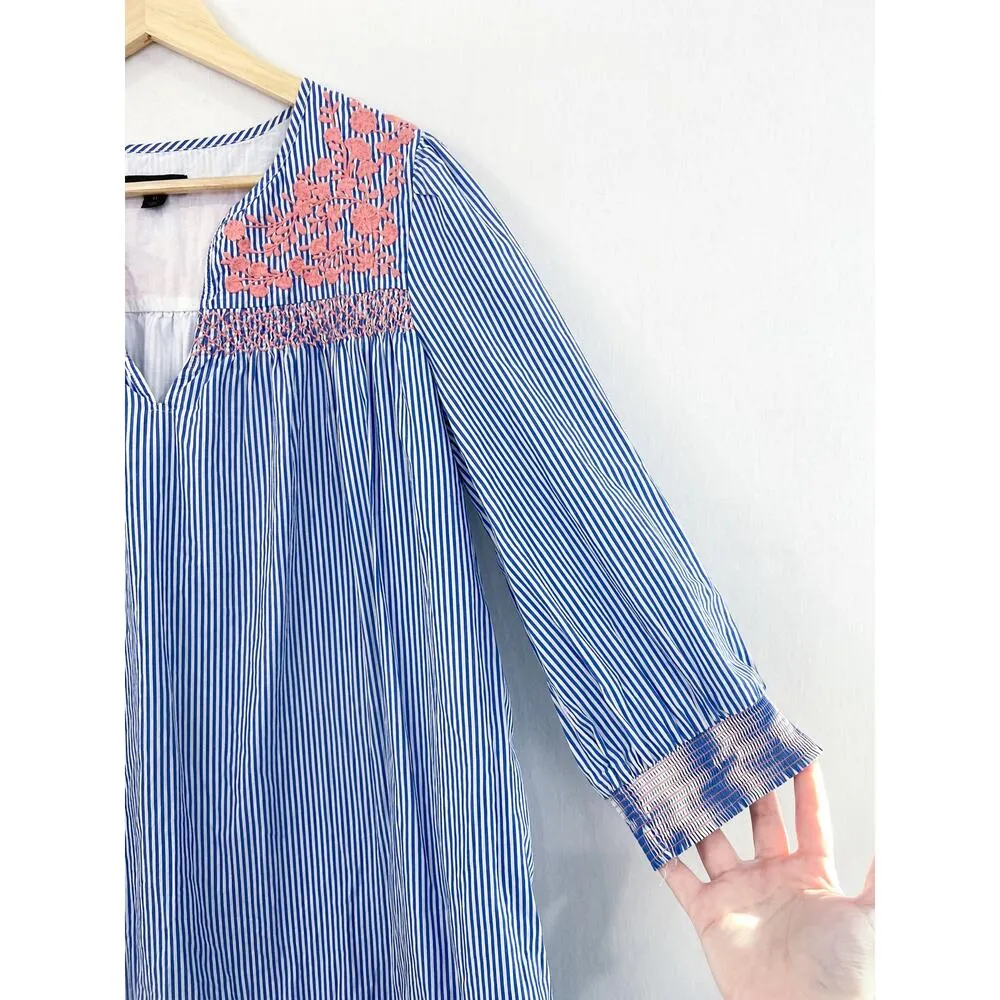 J Crew Floral Embroidered Popover Dress Ruffled Hem Blue White Stripe Medium - Image 5