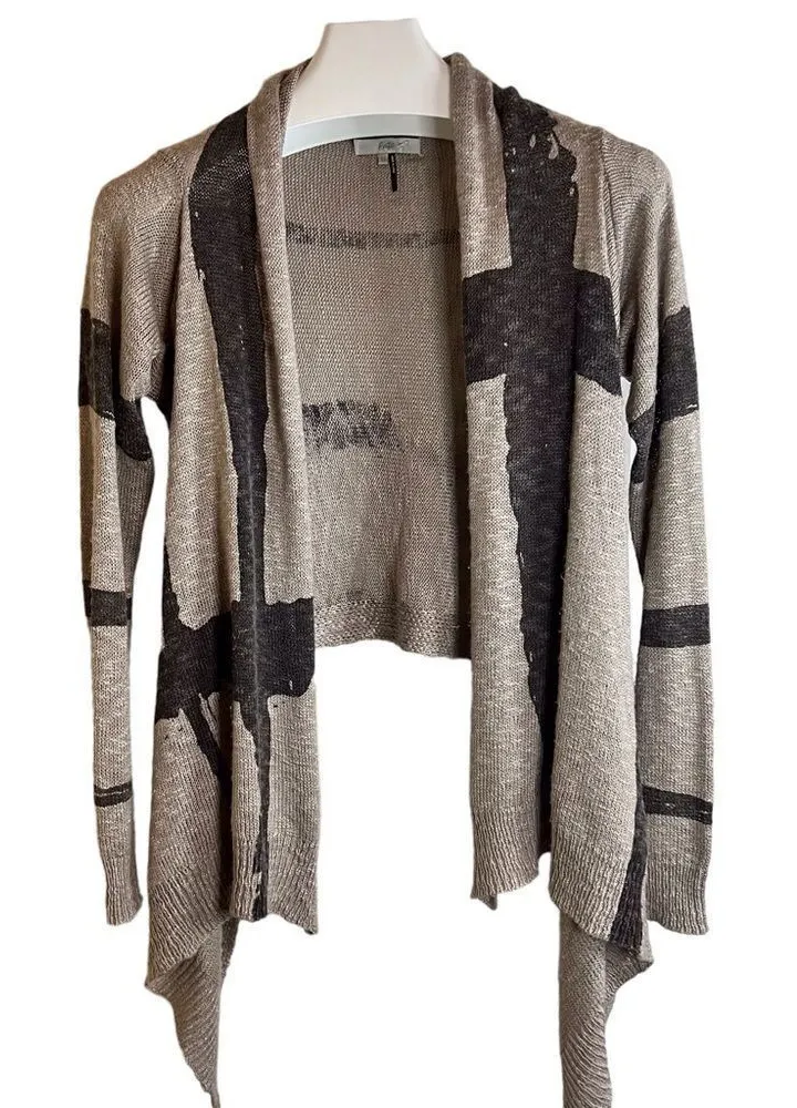 Fate Cream and Gray Boho Long Cardigan Wrap Art Deco Wool Blend Size Med - Image 1