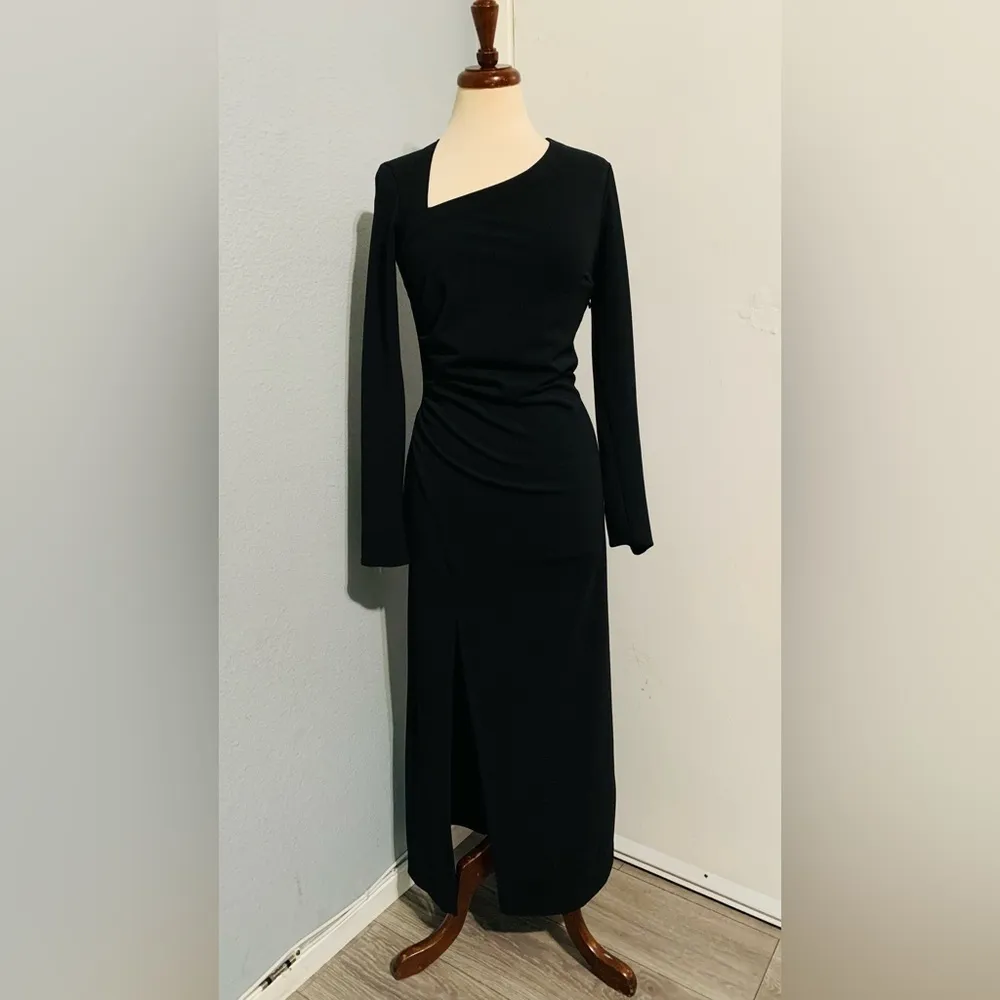 Zara Blogger’s Favorite Black Asymmetric Neck Midi Slit Draped Dress Size M - Image 10