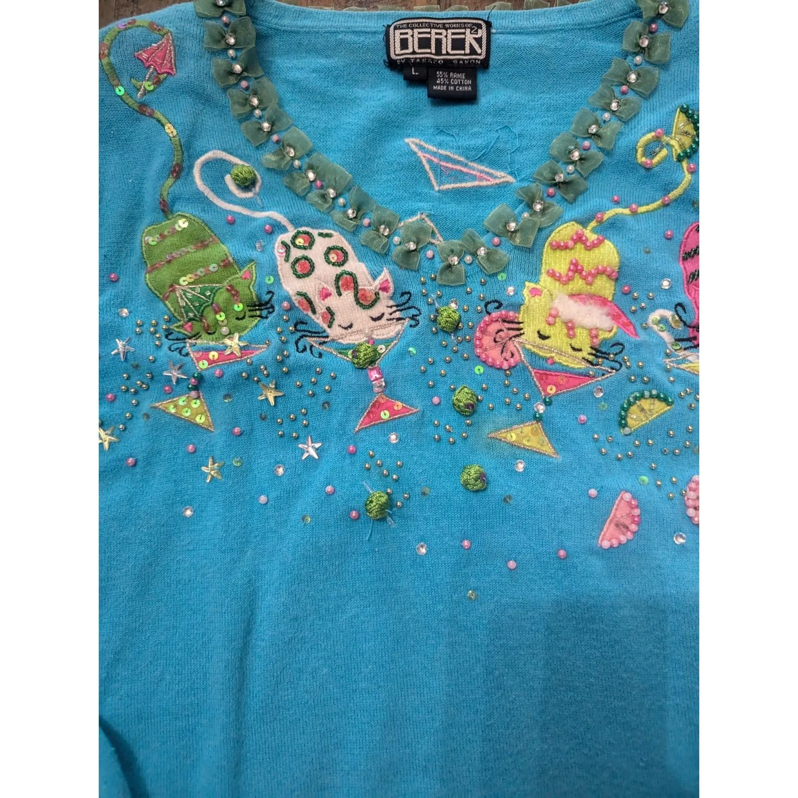 Vintage BERK2 Blue Knit Sweater with Embellished Cats & Martini Design, Size L Size L - Image 2