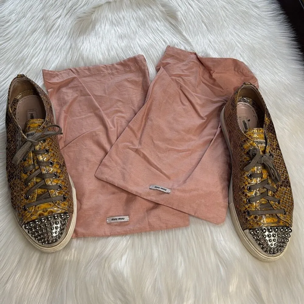 Miu Miu  Yellow Python Print Leather Studded Toe Cap Sneakers - Image 11