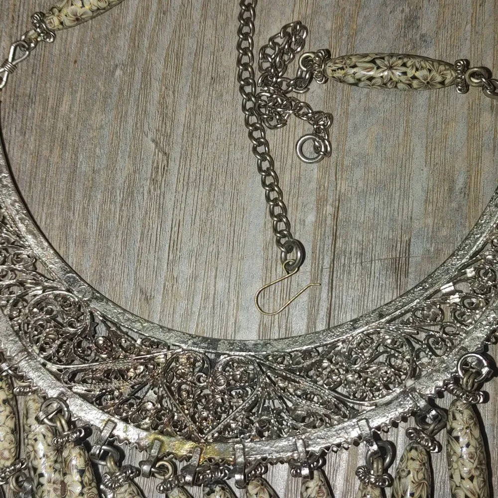 Vintage Floral Fish Motifs Silver Necklace With Intricate Design Chain Hook Clas - Image 11