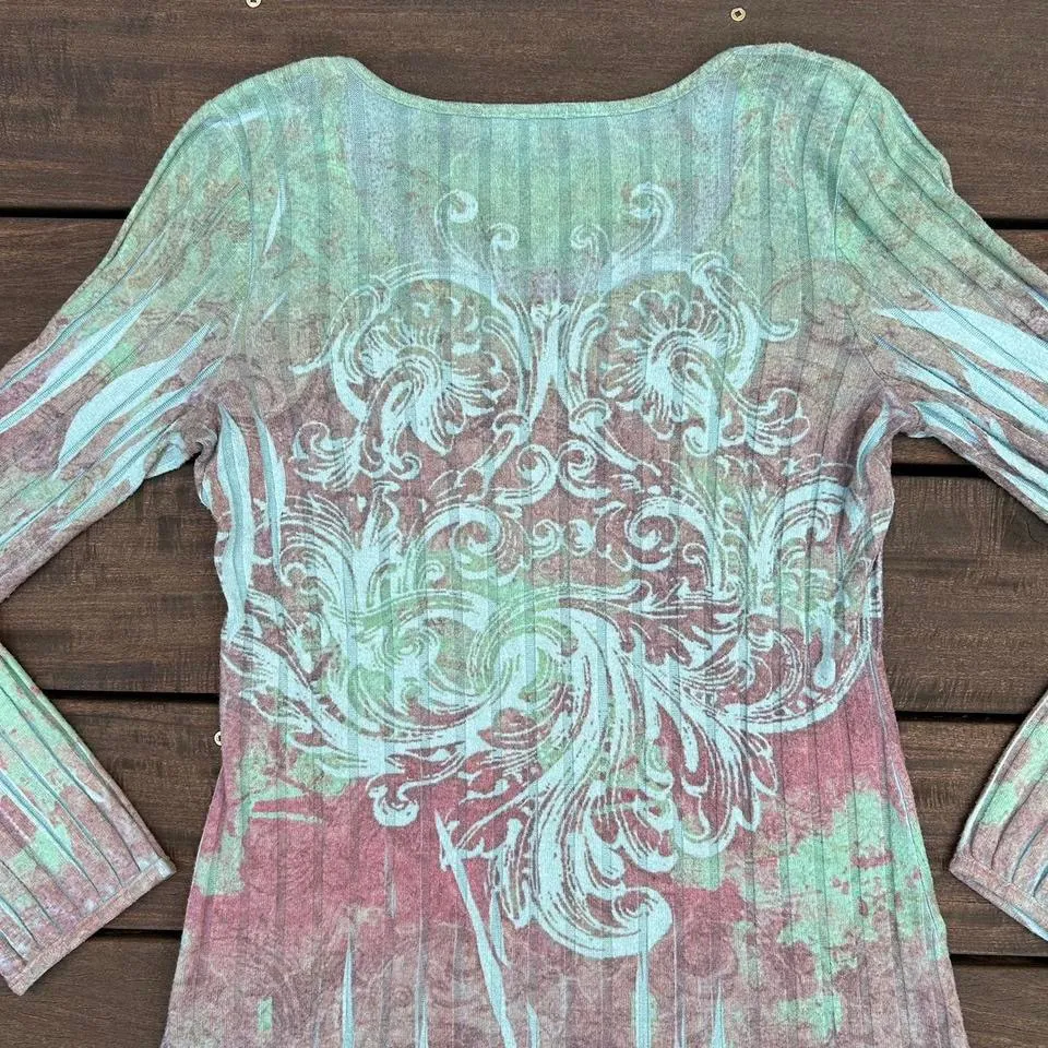 Y2K Unity World Wear Damask/Baroque Design Green/Pink Ribbed Long Sleeve Top Green Size M - Image 6
