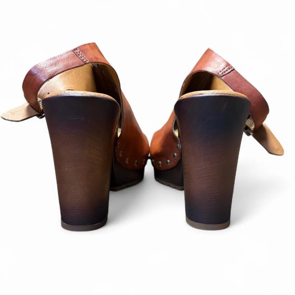 Korks Arden Platform Block Heel Slingback Peep Toe Stud Faux Leather Sandals 8 Tan - Image 7