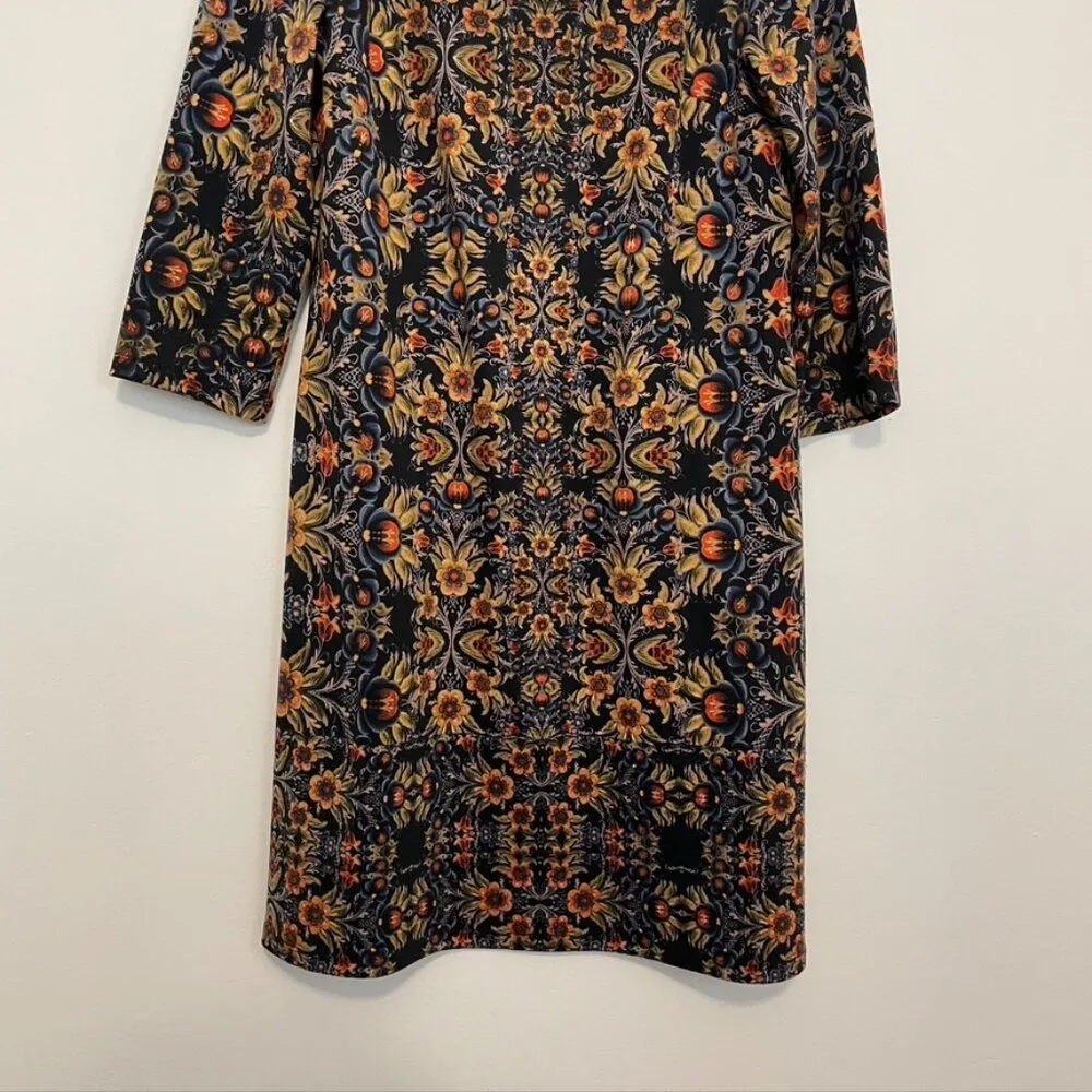 MAGGY L LONDON Black Mustard Blue Retro Geometric Floral 3/4 Sleeve Shift Dress - Image 3