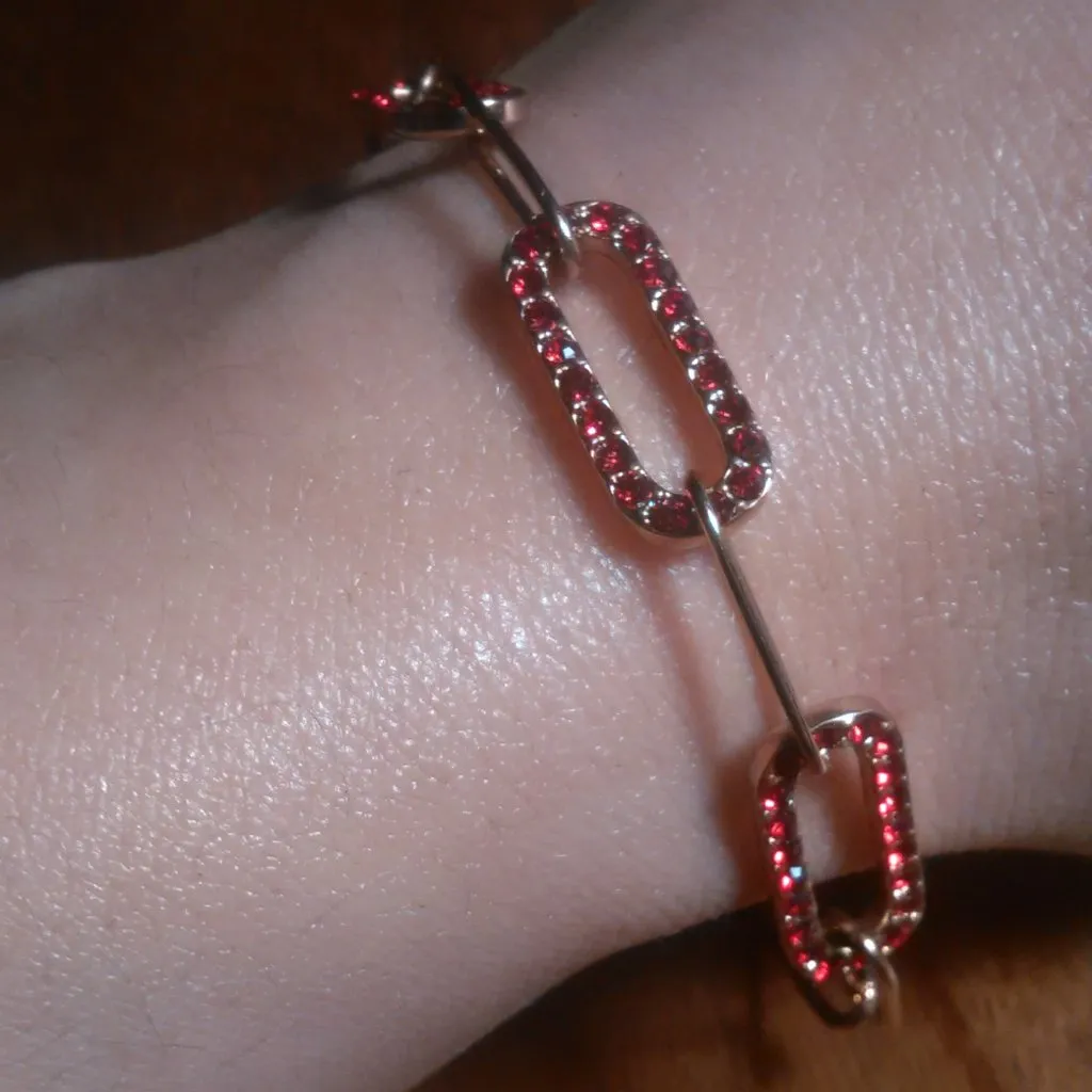 Red Austrian Crystal Rose Gold Plated Stainless Steel Paperclip Bracelet - Image 2