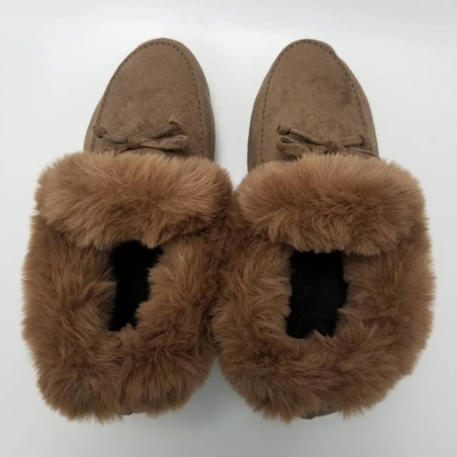 Moccasin Booties Womens Cognac Brown Bow Slip On Faux Fur Trim 8.5 New - Image 8