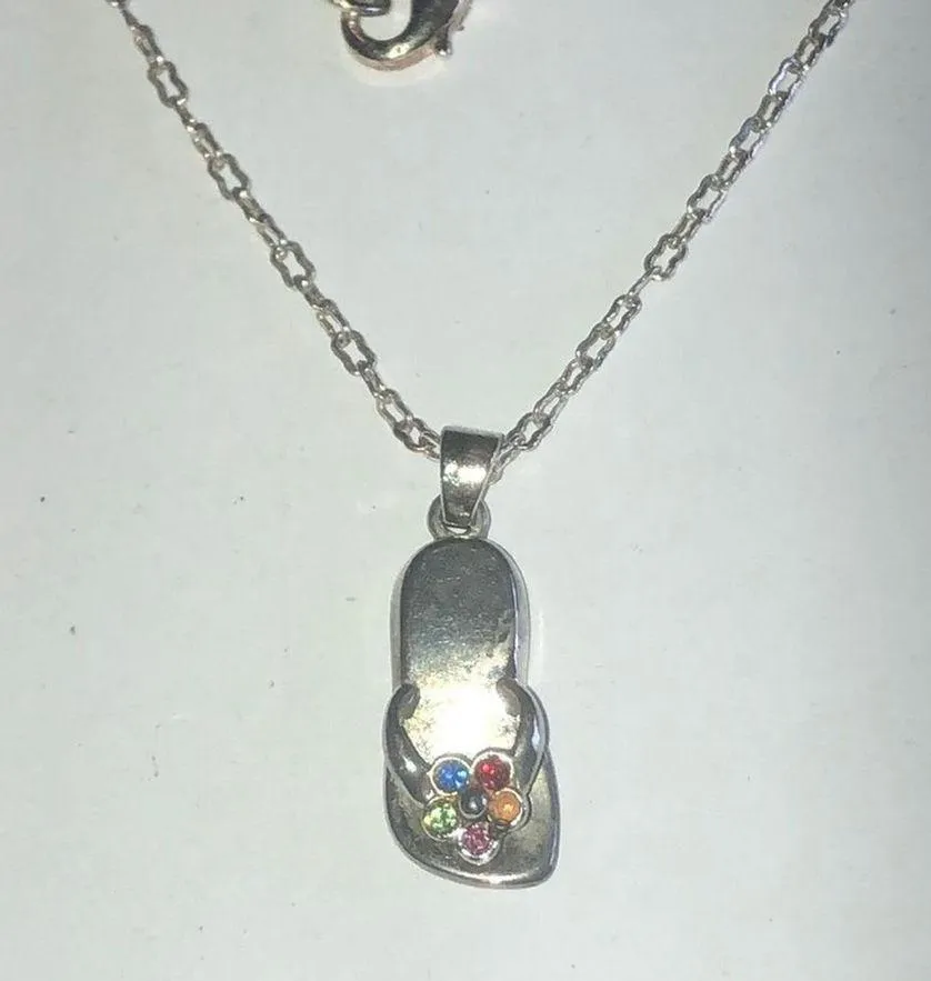 Silver Tone Colorful CZ Rhinestone Dainty Flip Flop Pendant Necklace - Image 2