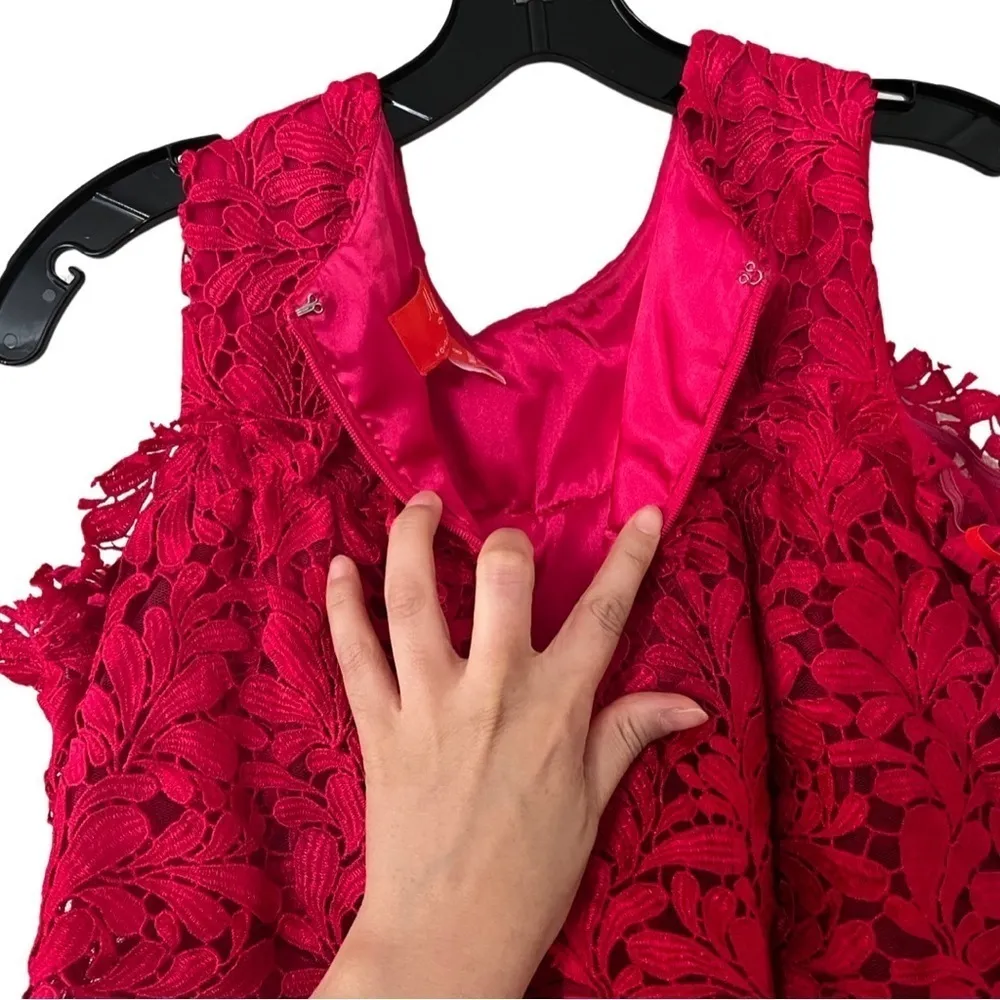 MONIQUE LHUILLIER Lace Sleeveless Ruffled Tiered Maxi Gown Dress Fuschia Sz 8 - Image 4