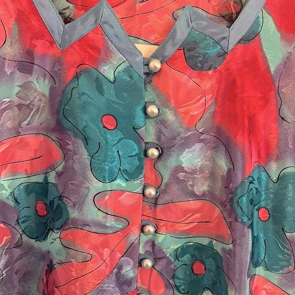 Vintage Satin Top Large Pink Floral Asymmetrical Button Down Artsy Maximalist Pj Blue - Image 4
