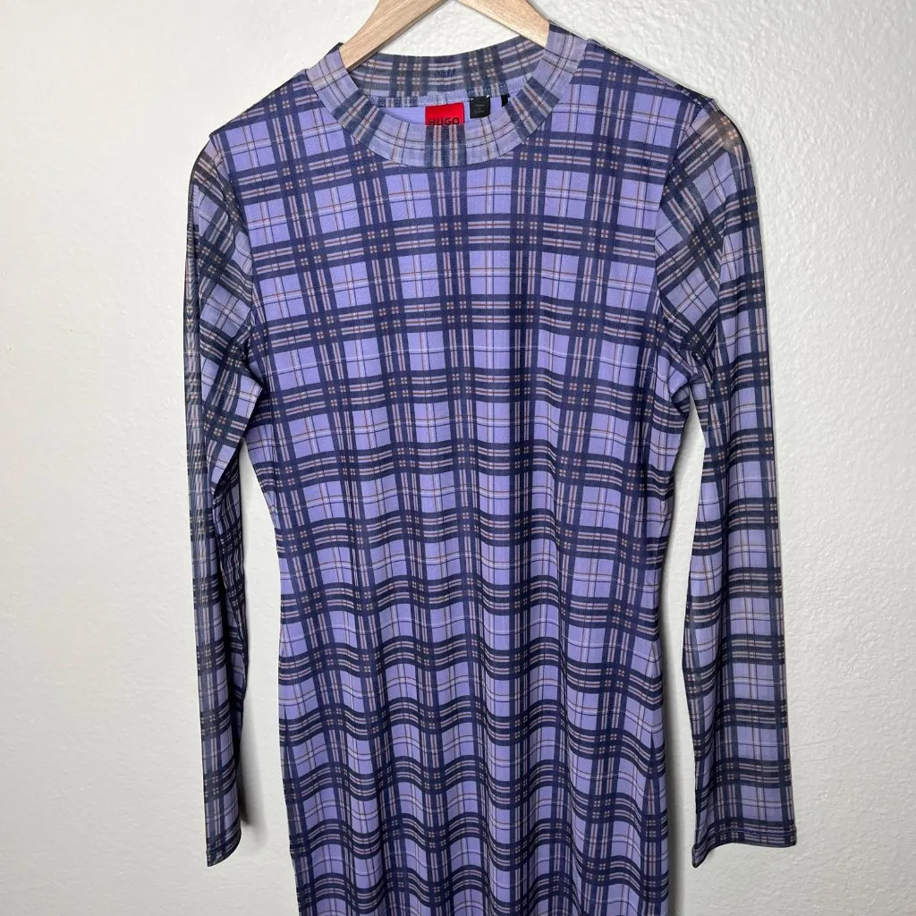 Hugo Boss Nasusi Womens Purple Stretch Mesh Plaid Long Sleeve Midi Dress XL - Image 3
