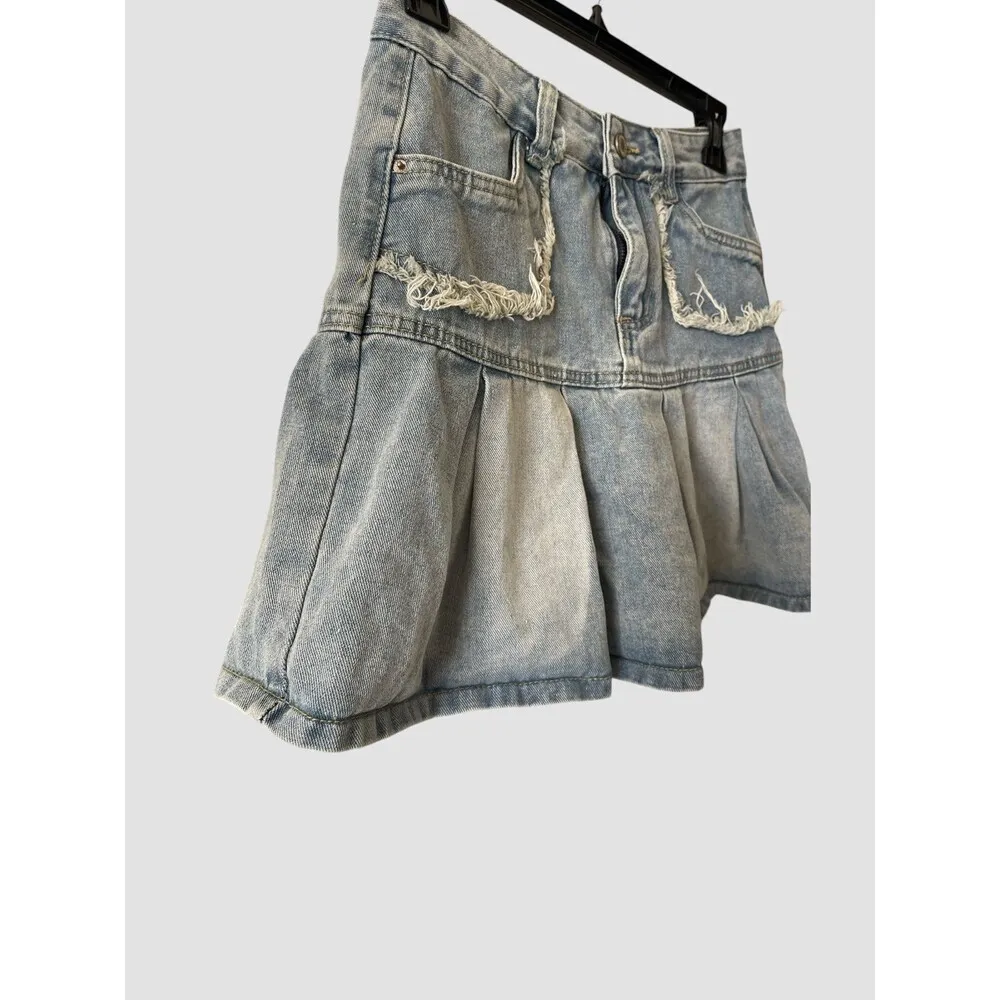 Women’s Denim Pleated Skirt Y2K Fringed Pockets Stretch Sz Medium Cotton Viscose - Image 3