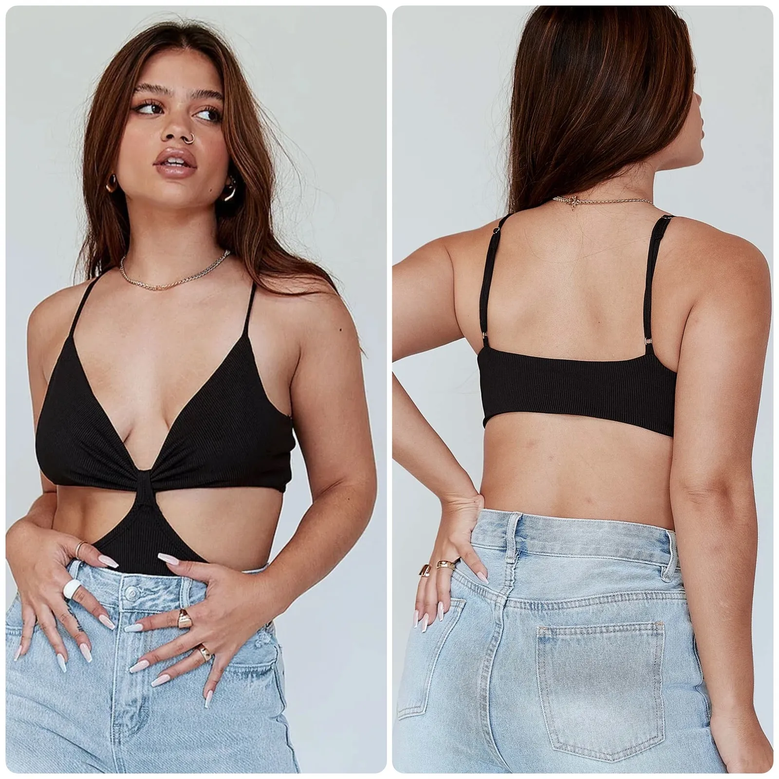 NWT Princess Polly Womens Ribbed Knot Front Cutout River Bodysuit Size 6 Black - Image 2