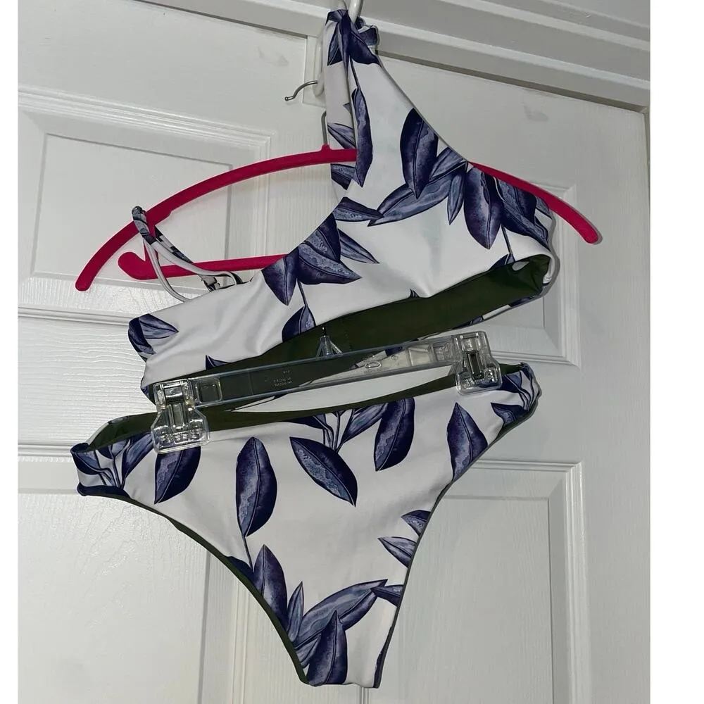 Women's High Waist Bikini 2 Piece Swimsuits Reversible Leaf Print White Blue Size M - Image 3