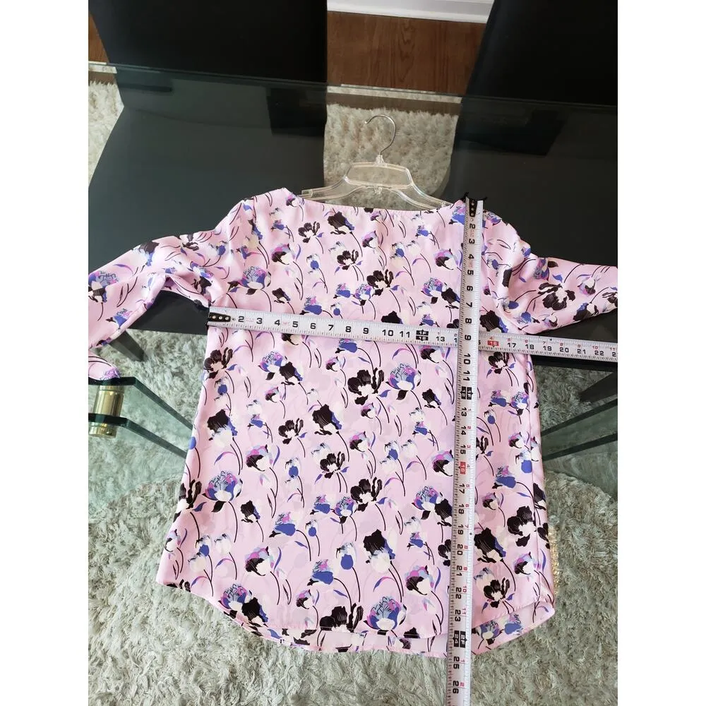 Pink Floral Blouse Women S Tie Sleeve Scoop Neck Lightweight Career Work Top - Image 9