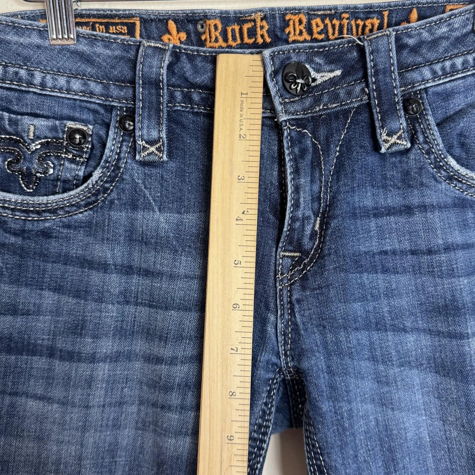 Rock Revival Sara Boot Jeans Womens 29 Blue Dark Wash Embellished Bootcut Flap - Image 6