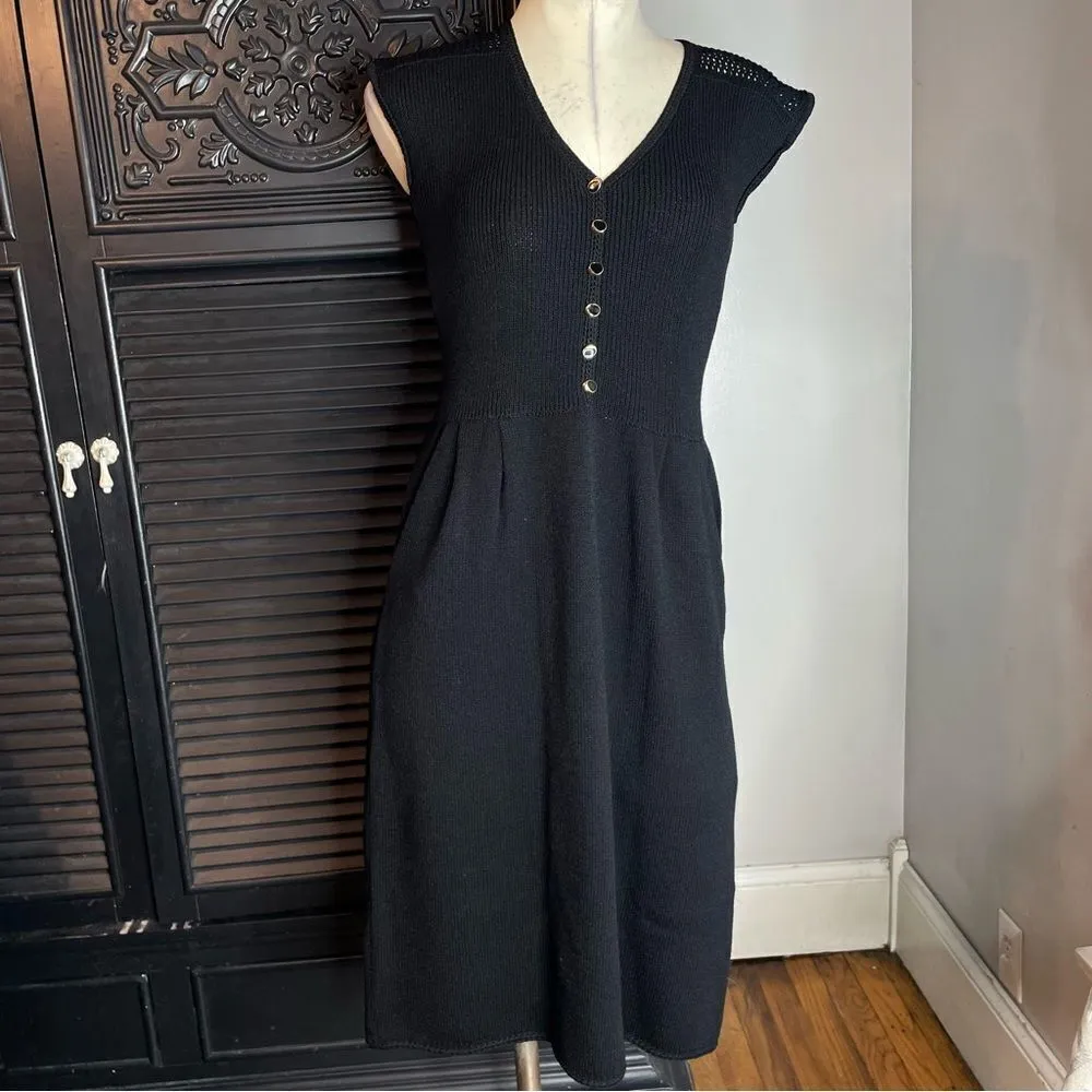 Vintage 70s St. John Knit Dress Crochet Cottagecore‎ Cap Sleeve Pockets Black - Image 2