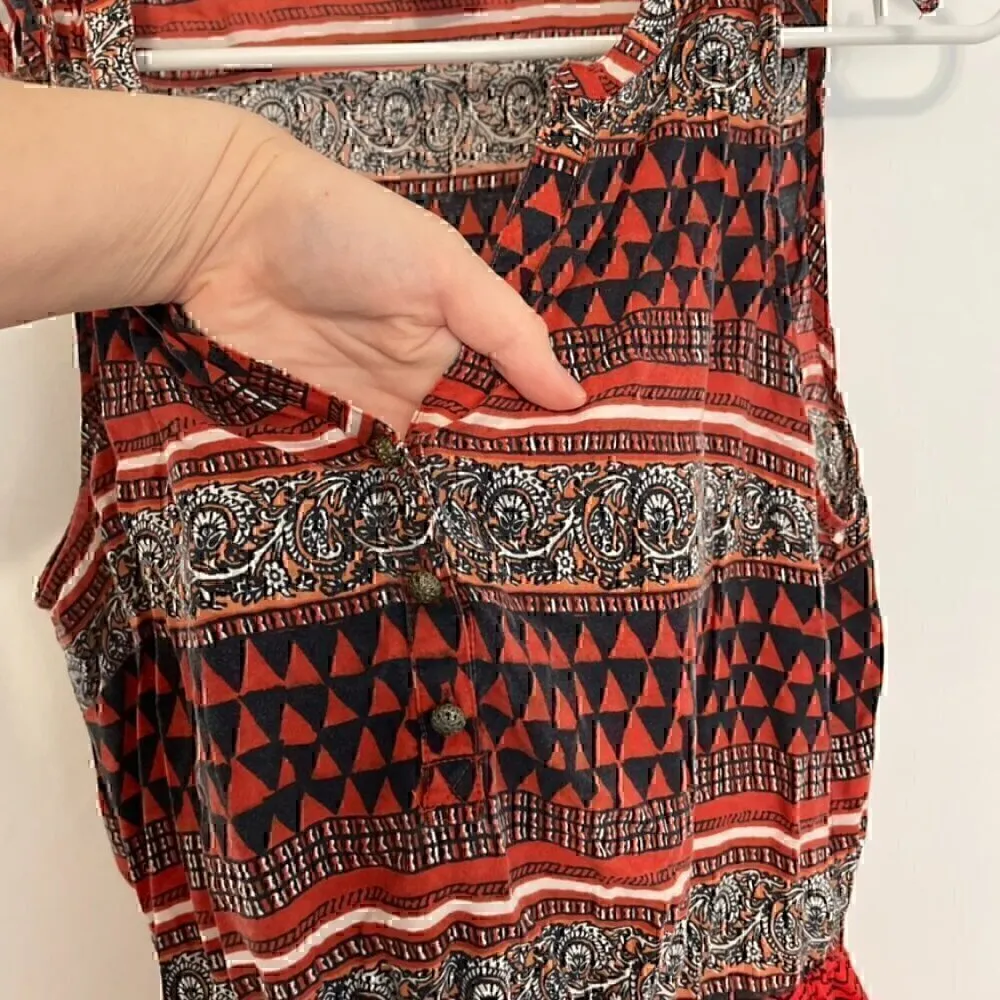 LUCKY BRAND Border Tie Dress Red Navy Multi Border Print Geo Striped Mini Boho M - Image 8