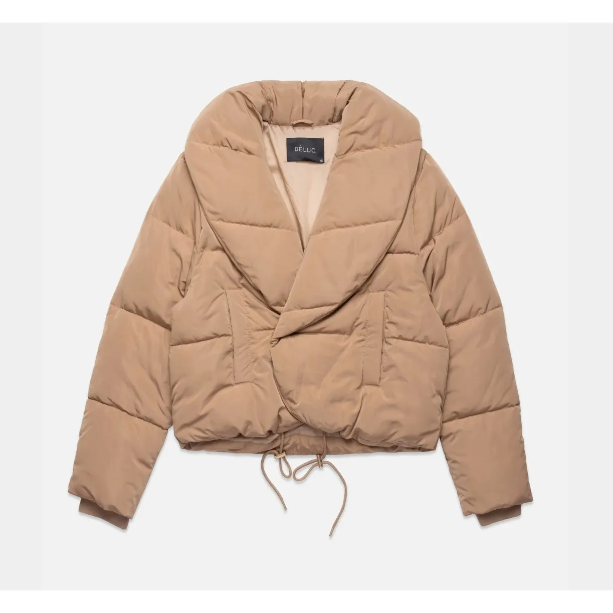 Deluc Gregory Quilted Crop Puffer Jacket Caramel Size Small NWT Drawstrings Tan - Image 9