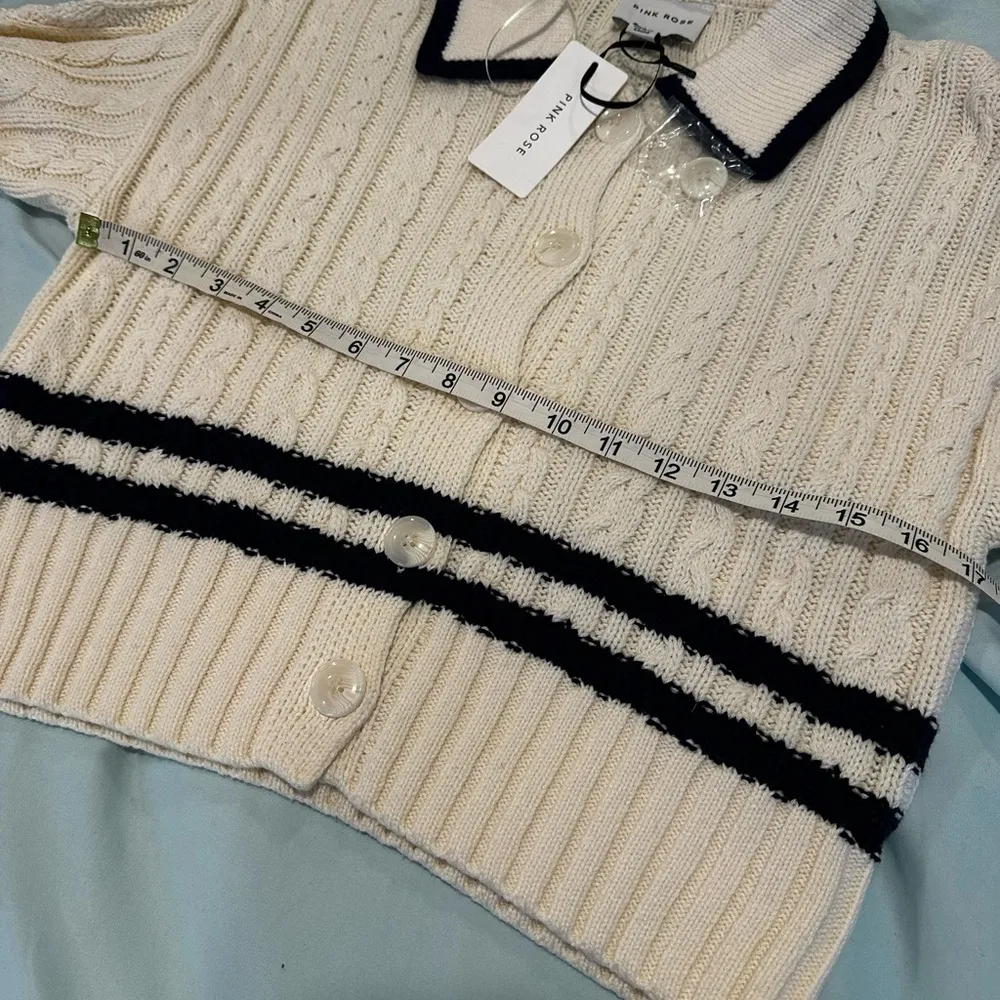 NWT Pink Rose Preppy Cream & Navy  Cable Knit Collared Cardigan. Ribbed Hem XS. - Image 2