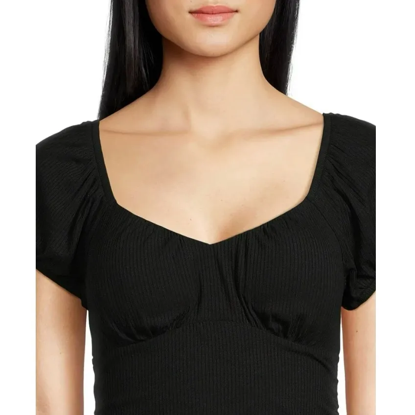 No Boundaries Juniors Black Peasant Top with Ruched Sides - Size: Medium - Image 7