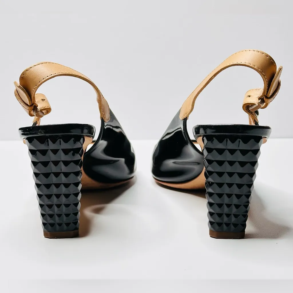 Giuseppe Zanotti Black Patent Leather Tan Slingback Open Toe Heels Sandals Shoes - Image 5