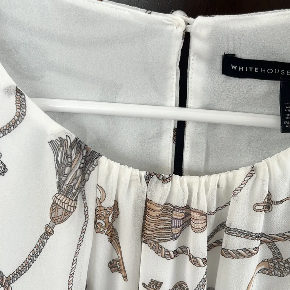 EUC White House Black Market Rope and Tassel Print Blouse - Image 4