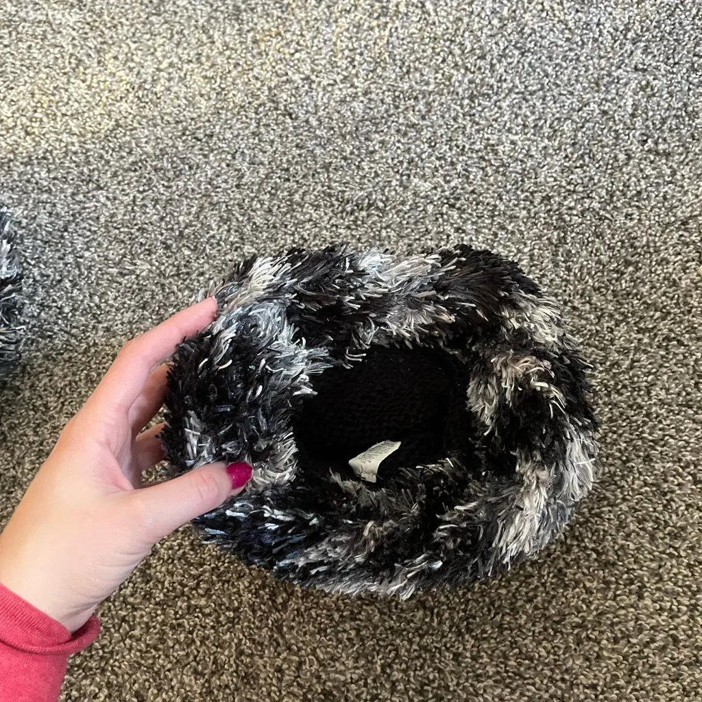 Fluffy furry Black and Gray Scarf Hat Gloves Winter Gear Set - Image 3