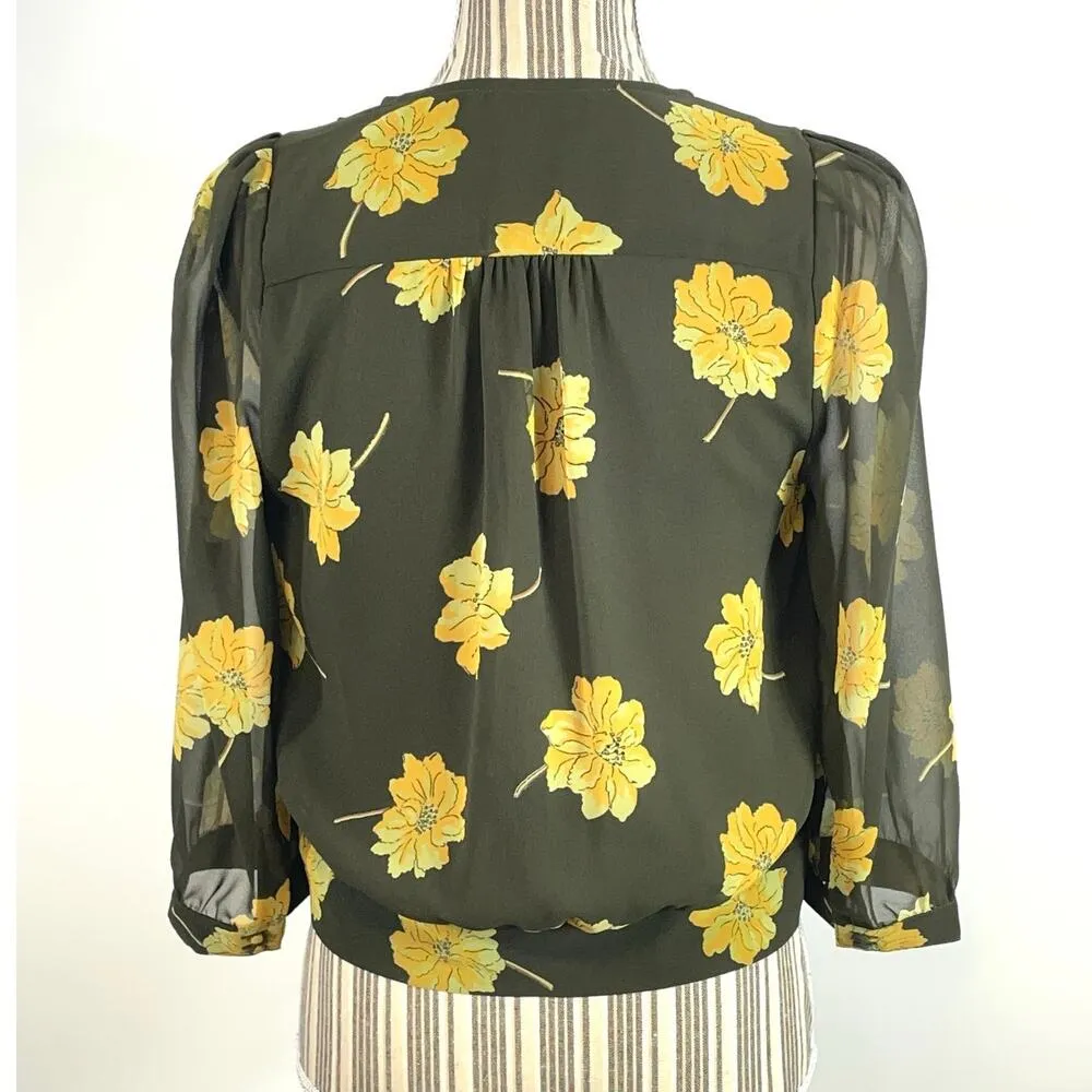 Madewell Effie Green Floral Wrap Top 3/4 Sleeve Sheer Sleeves Size Small - Image 3
