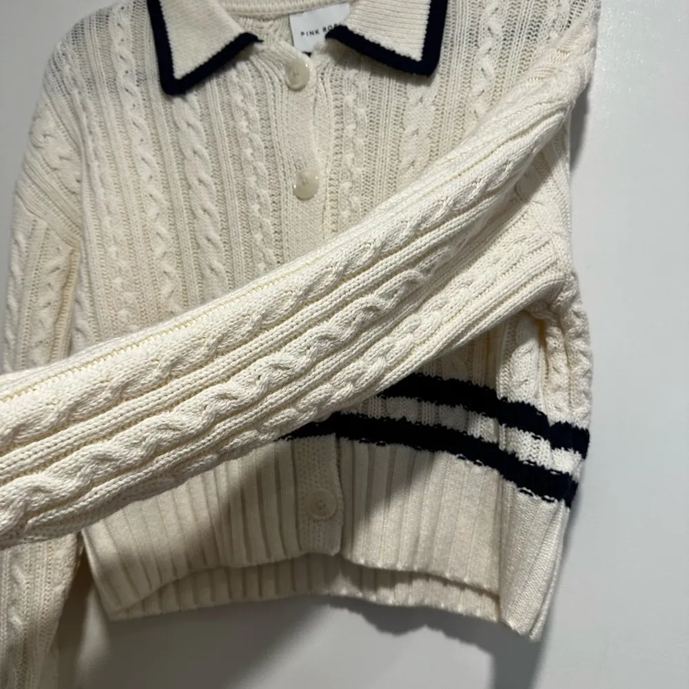 NWT Pink Rose Preppy Cream & Navy  Cable Knit Collared Cardigan. Ribbed Hem. S - Image 9
