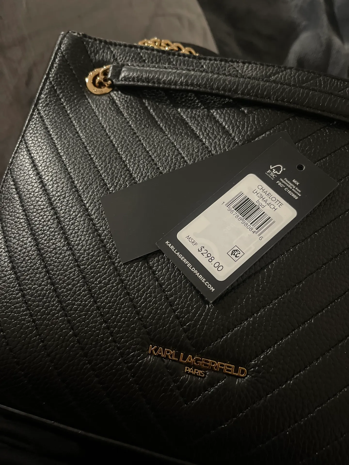 Karl Lagerfeld Black Quilted Leather Shoulder Bag Gold Straps - Image 4